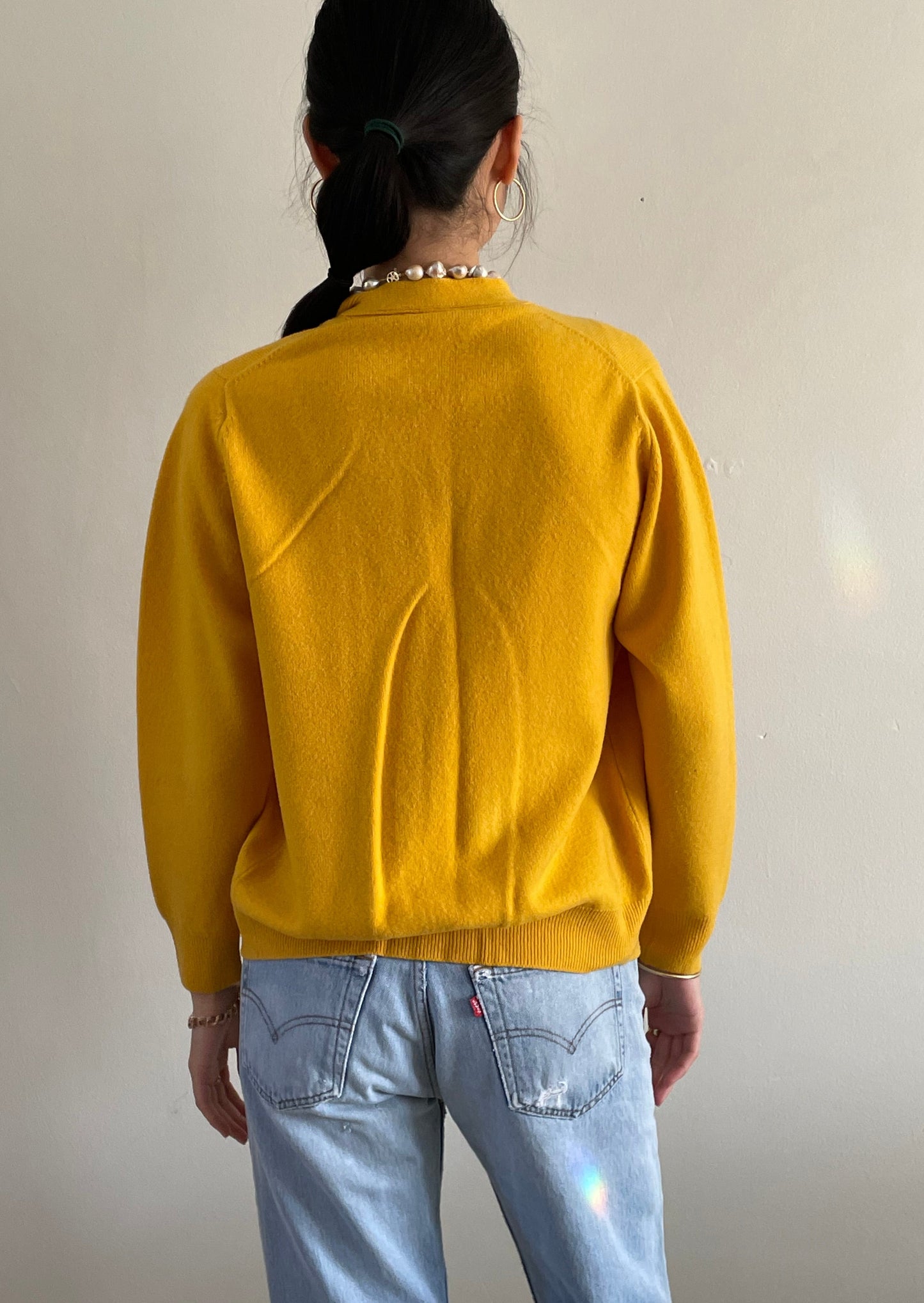 vintage 1950s HAWICO lambswool mustard yellow grandpa cardigan sweater