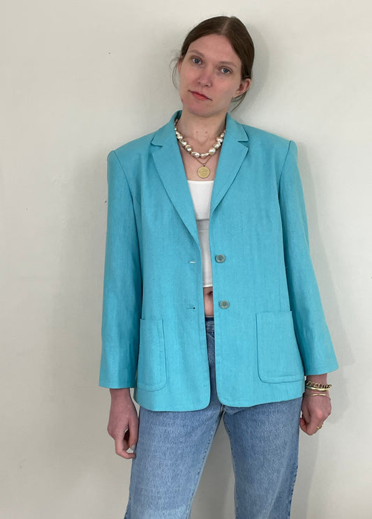 vintage 90s 100% Silk Turquoise Lightweight Raw Silk Blazer Petite Medium