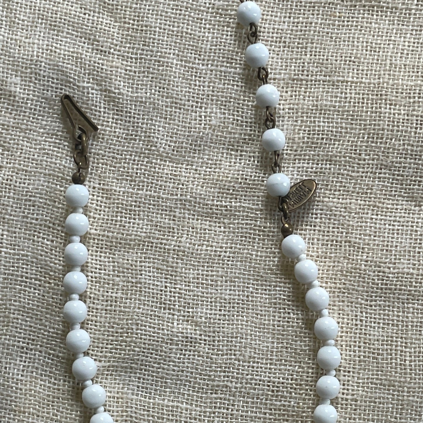 Vintage Miriam Haskell White Milk Glass Beaded Choker Pendant Necklace signed 50s Miram Haskell Jewelry