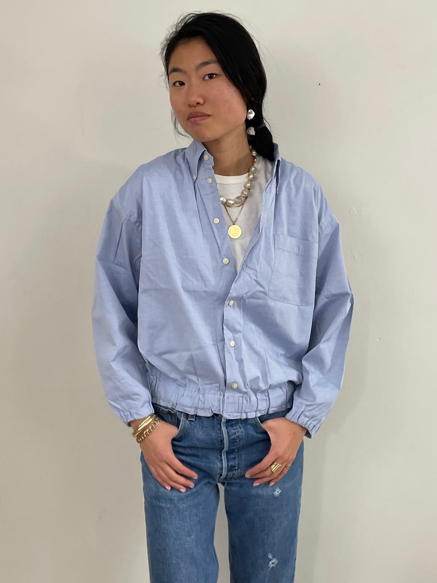 vintage 90s Ice Blue Cropped Blouson Cotton Shirt Blouse