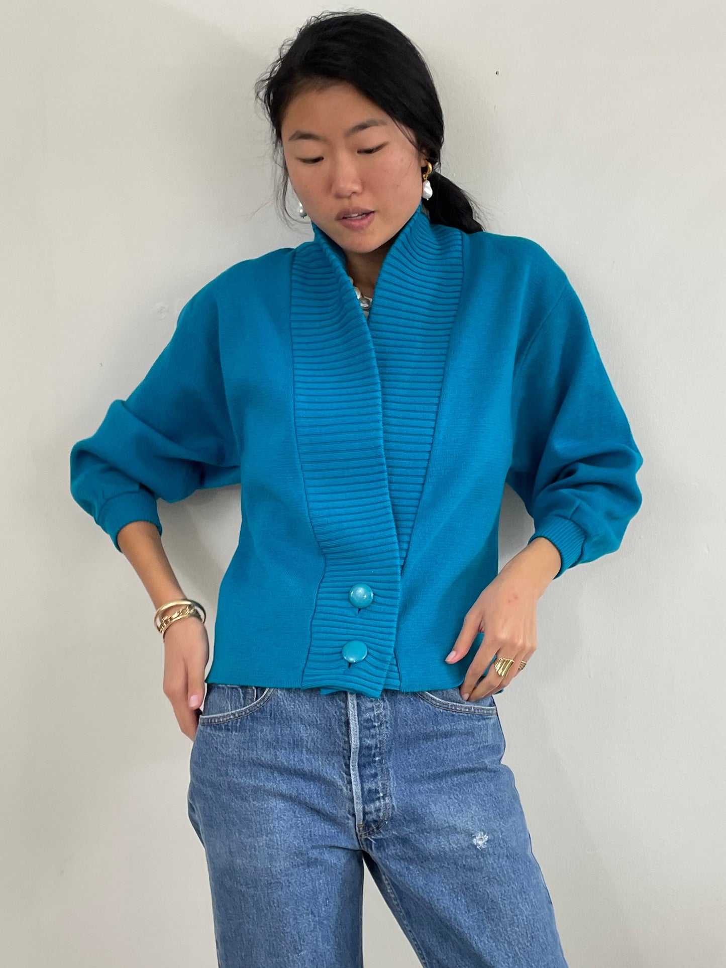 Vintage 70s Jaeger Wool Teal Shawl Collar Cardigan Small