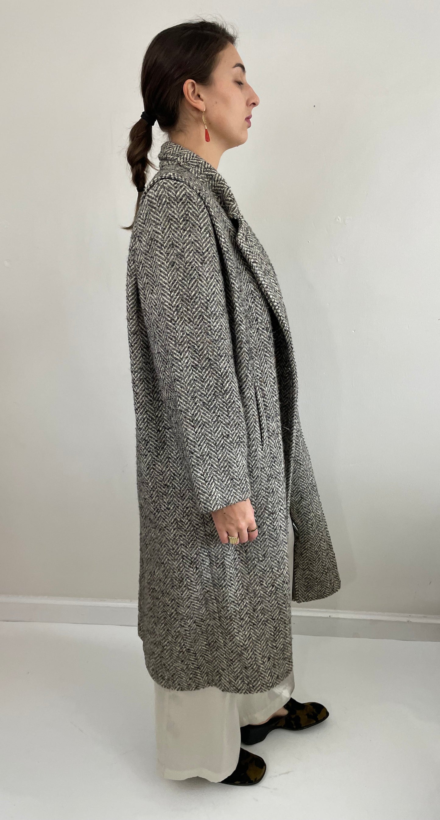 Vintage 90s Long Herringbone Tweed Double Breasted Overcoat Winter
