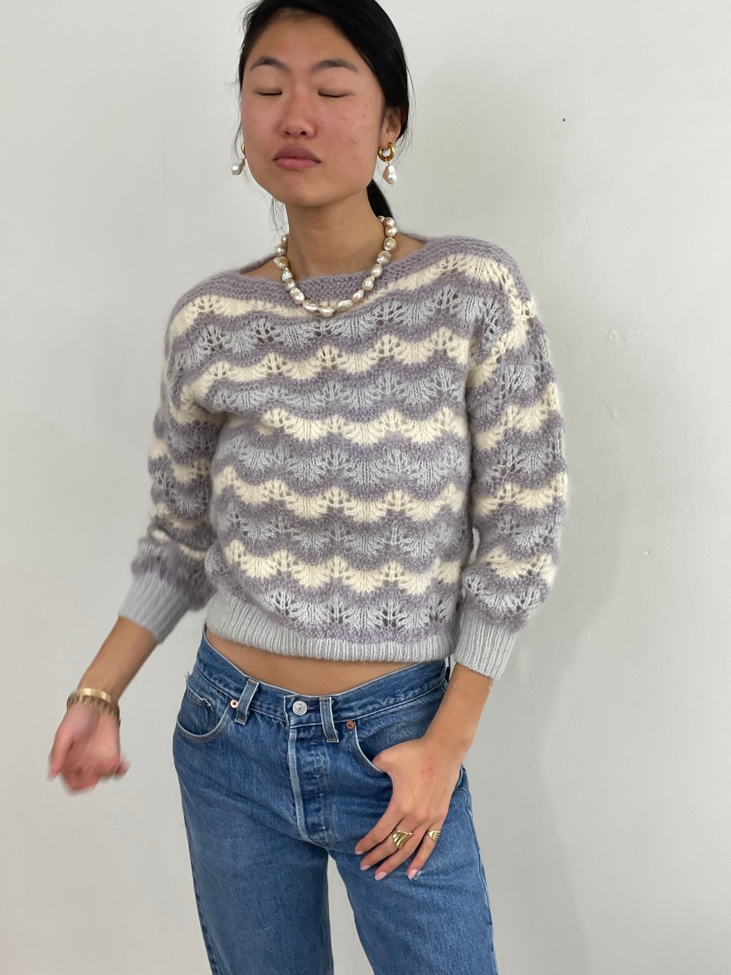 Vintage 70s Hand Knit Mohair Chevron Pointelle Open Knit Sweater