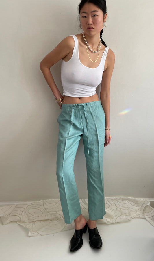 vintage linen drawstring sea foam aqua green linen easy wide leg pants | Medium