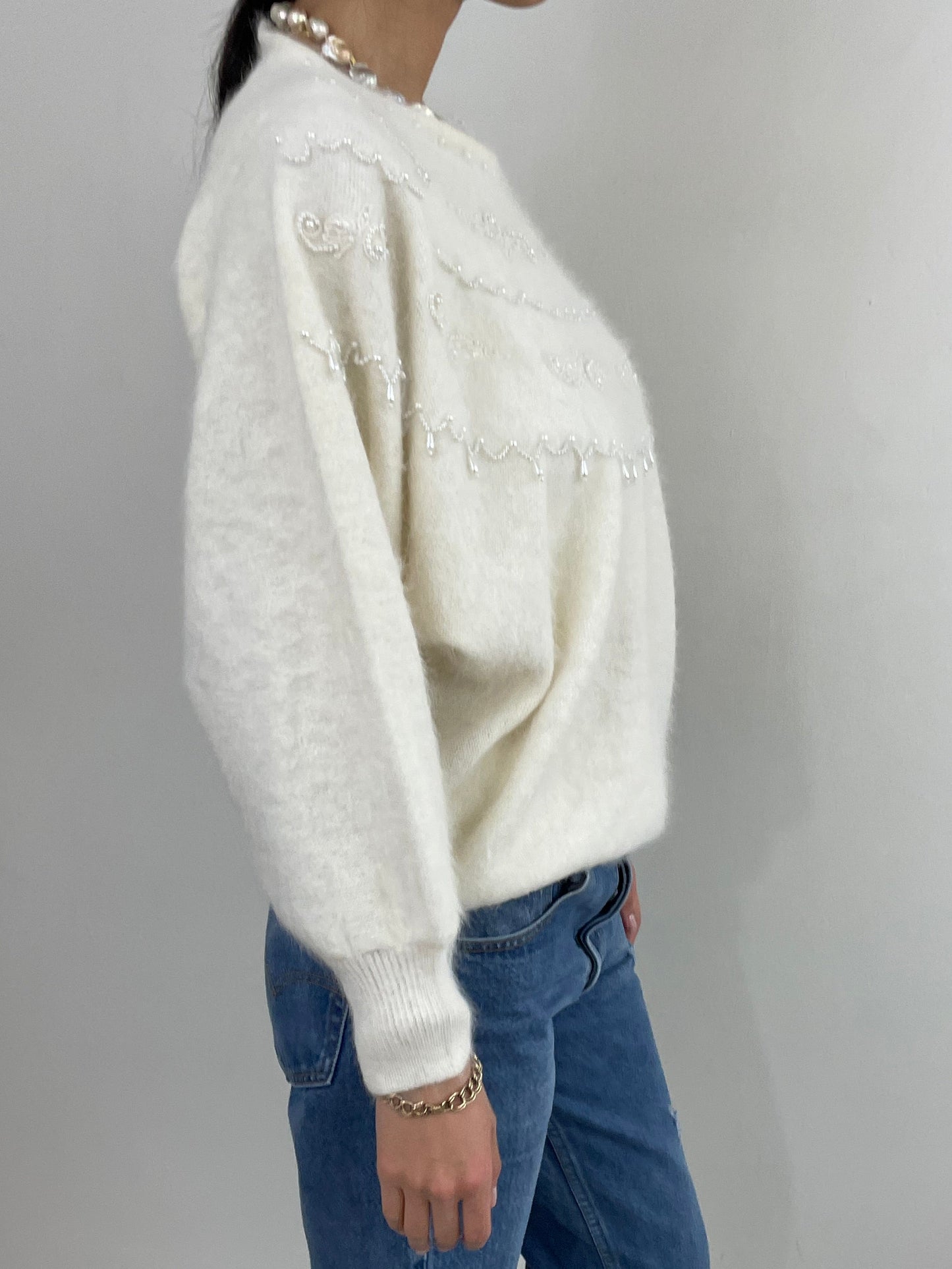 Vintage 90s Angora Beaded White Batwing Sweater Tunic Large