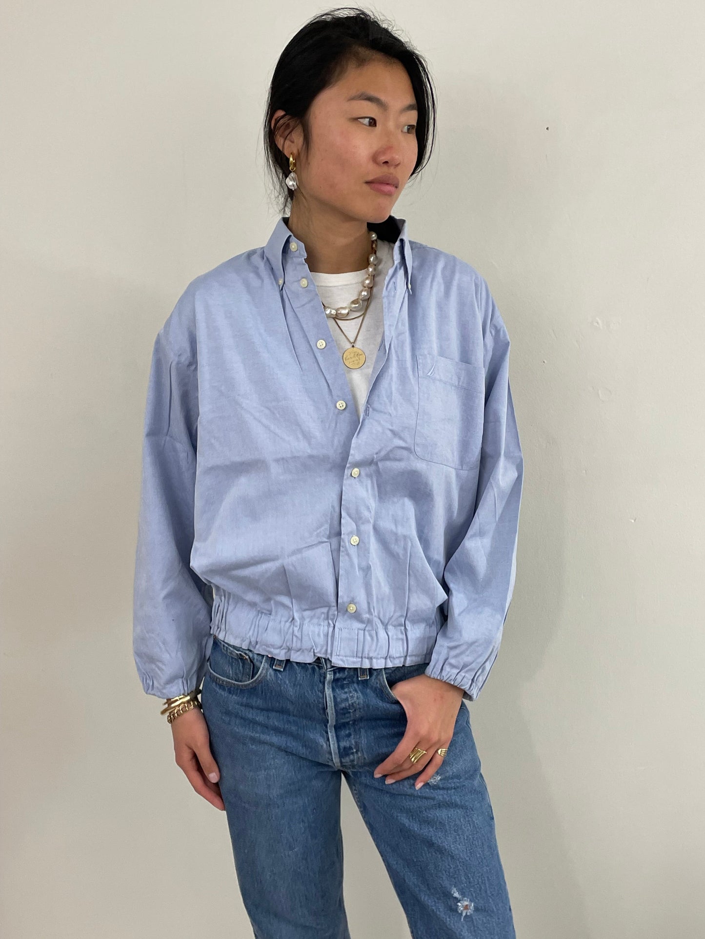 vintage 90s Ice Blue Cropped Blouson Cotton Shirt Blouse