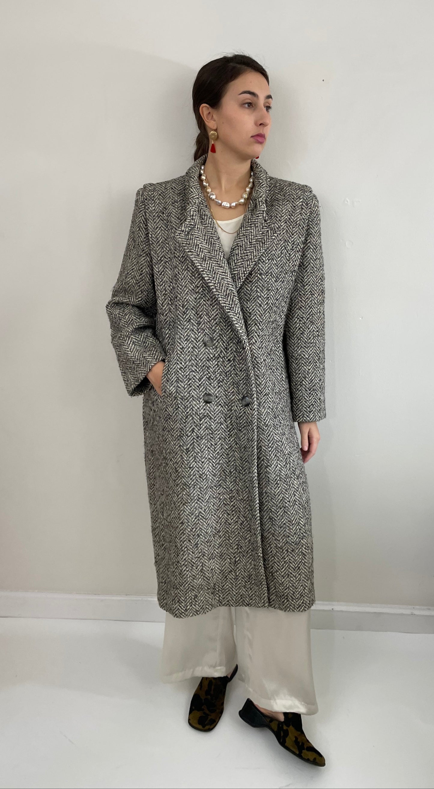Vintage 90s Long Herringbone Tweed Double Breasted Overcoat Winter