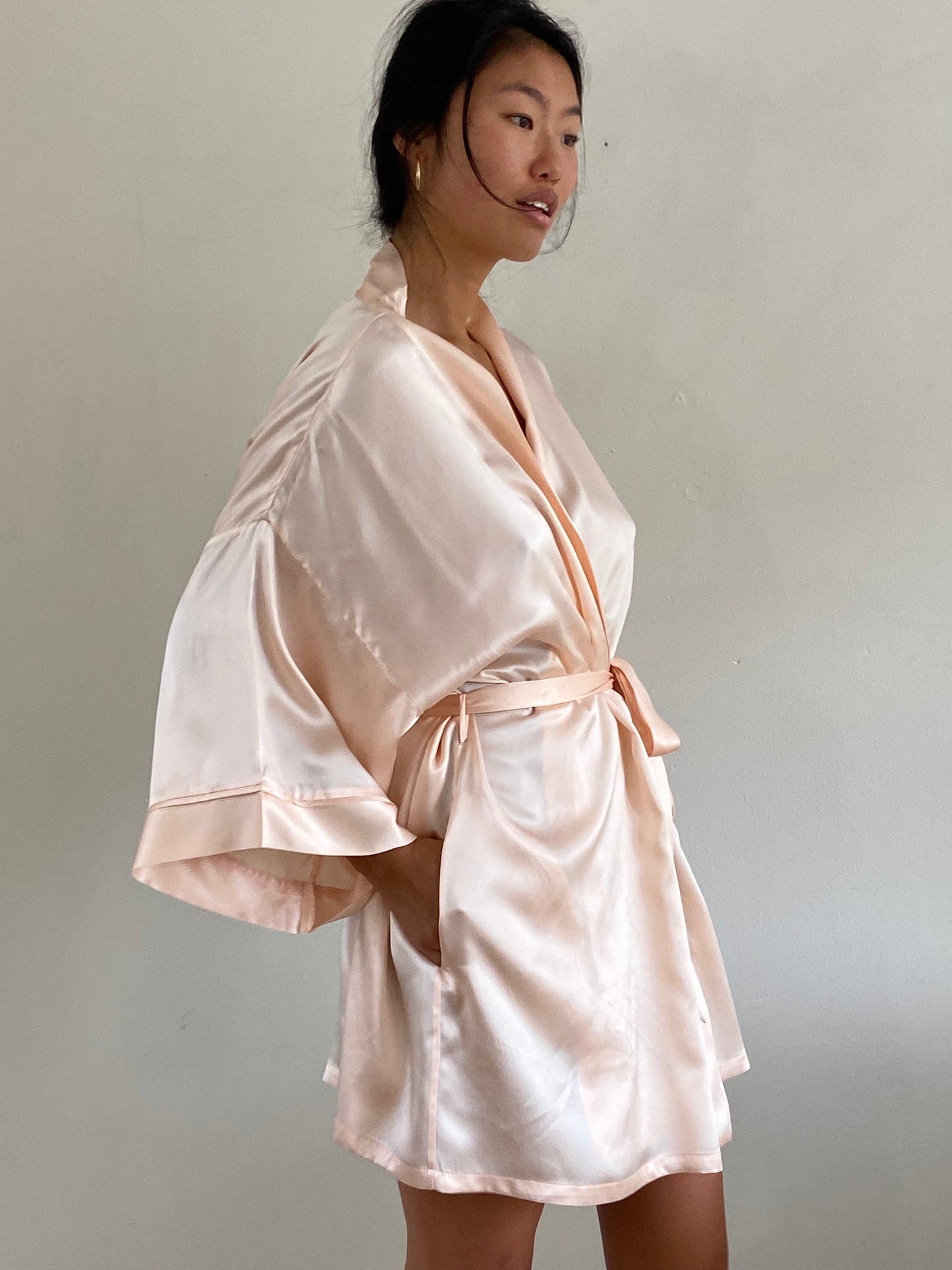 vintage 90s 100% silk charmeuse blush pink kimono robe L dress