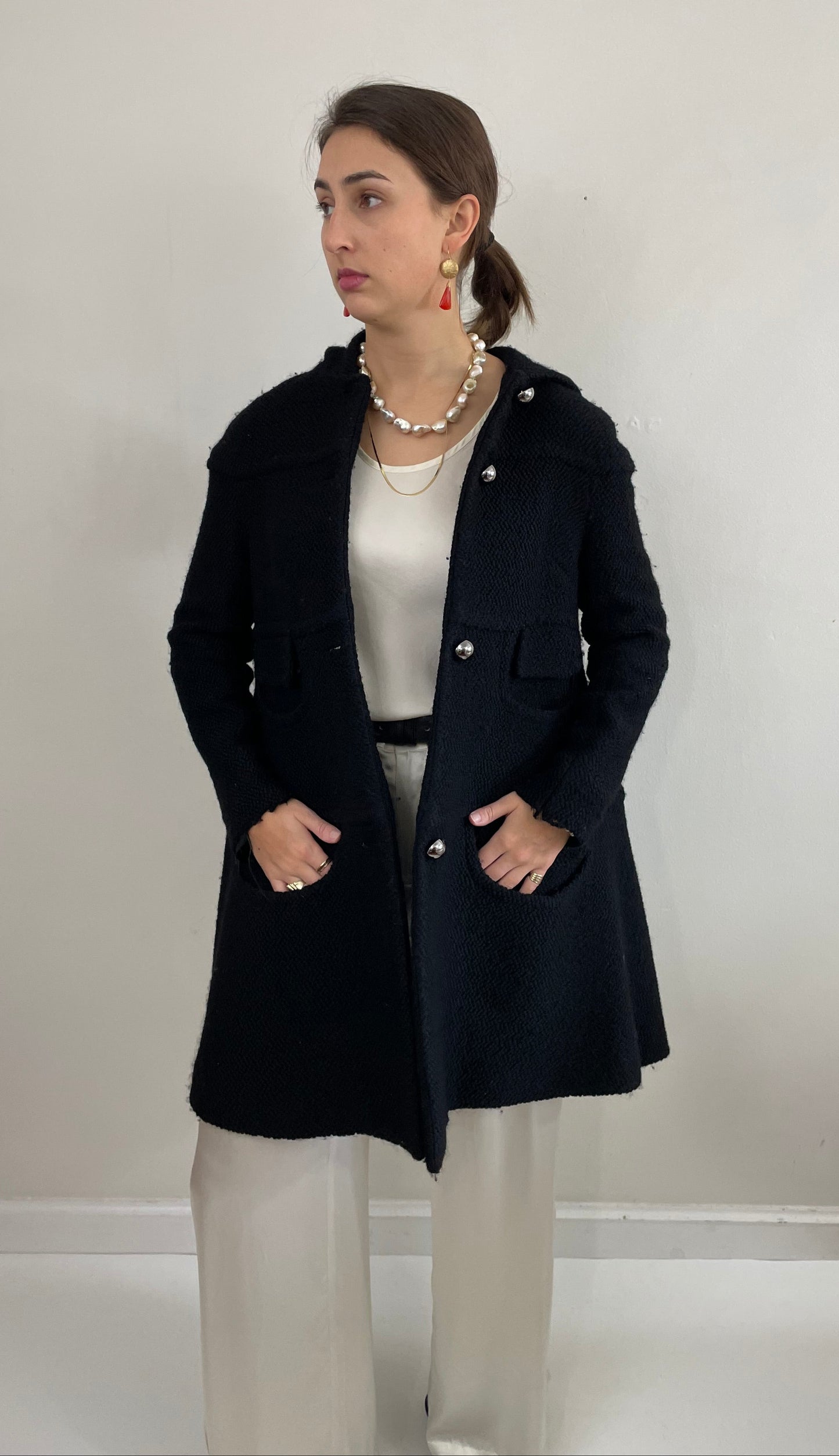 Vintage Black Boucle Wool Martin Grant Paris Hooded Swing Coat + Silver Buttons