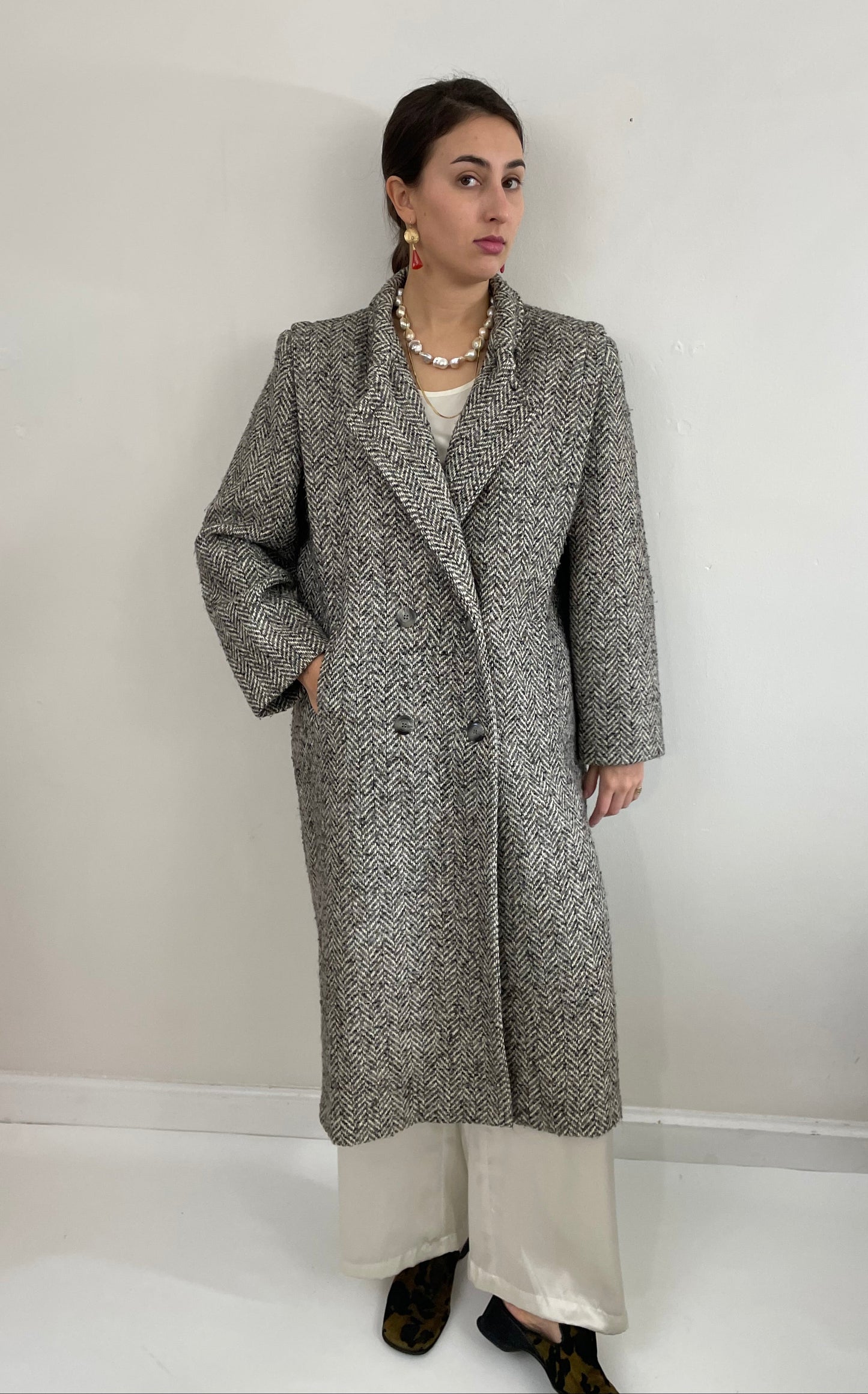 Vintage 90s Long Herringbone Tweed Double Breasted Overcoat Winter