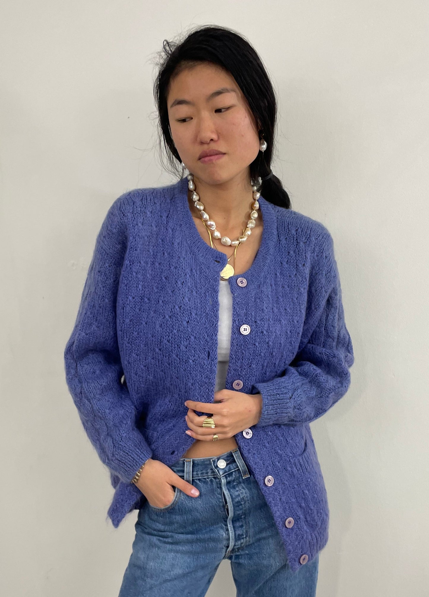 Vintage 90s Mohair Cable Knit Violet Oversized Shacket Sweater L