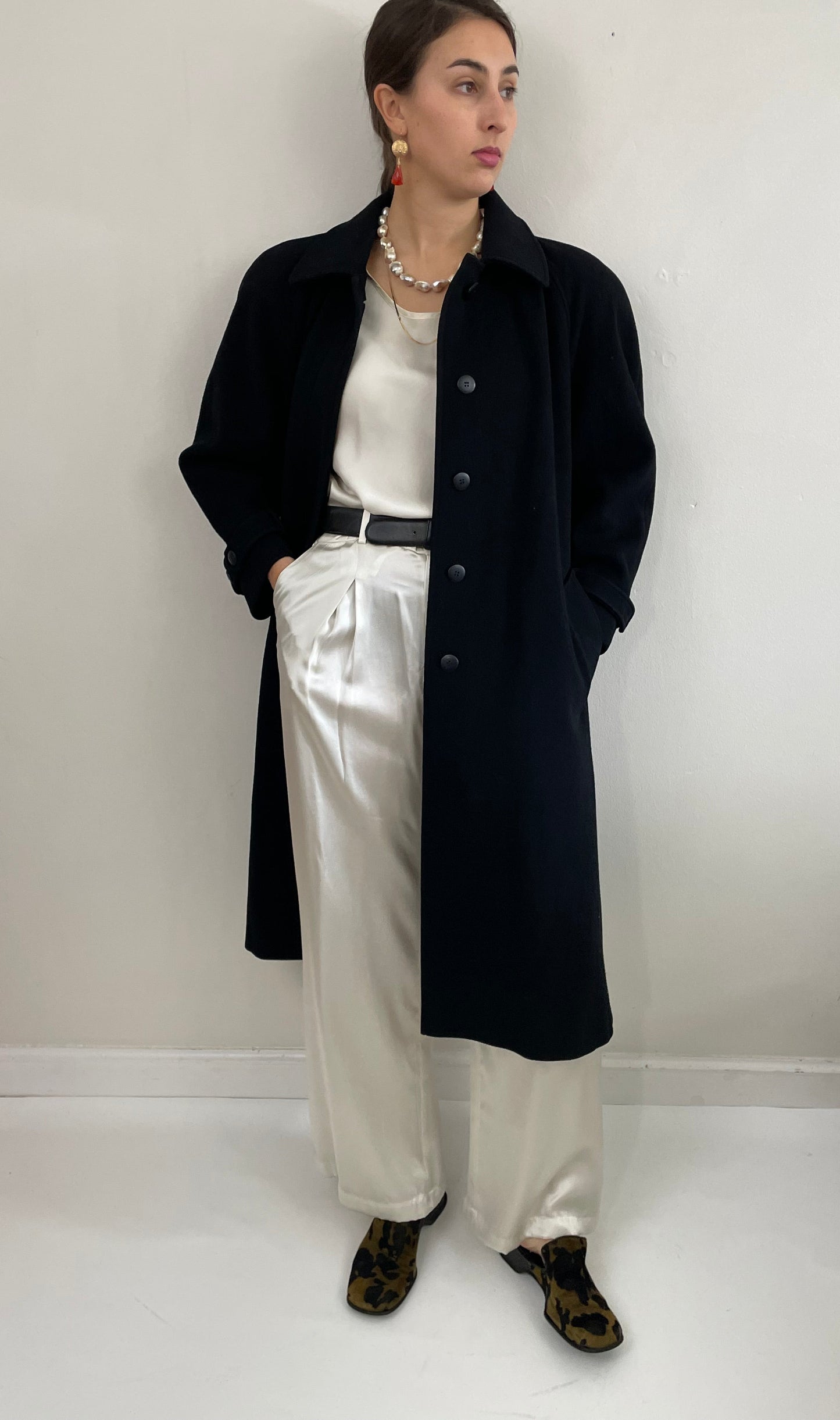 Vintage 90s Long Black Wool Overcoat Winter Coat