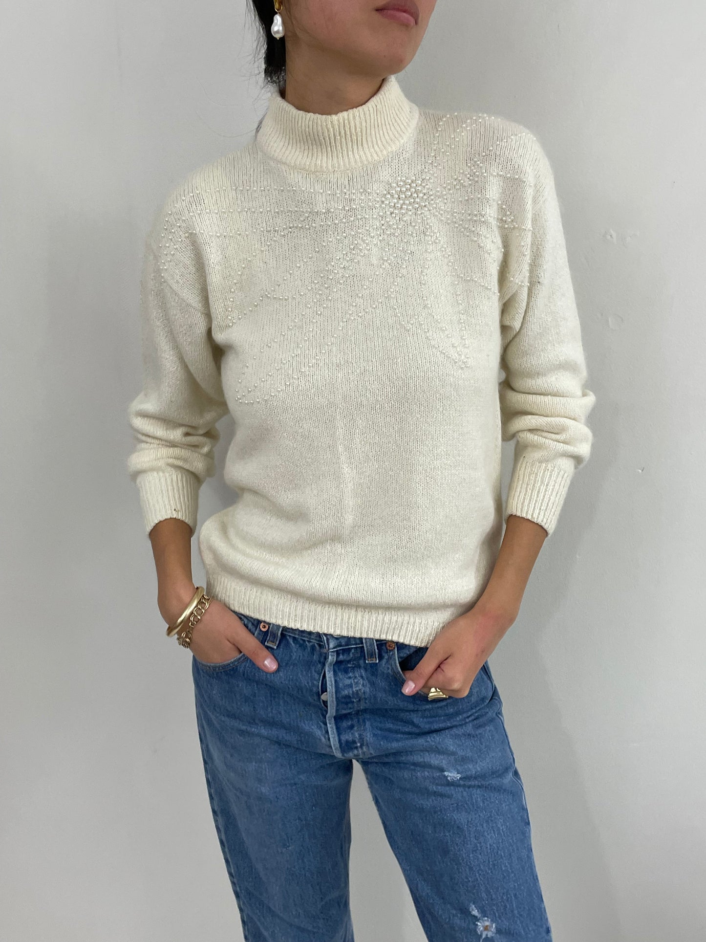 Vintage 90s Beaded Silk Angora Mockneck White Sweater Med
