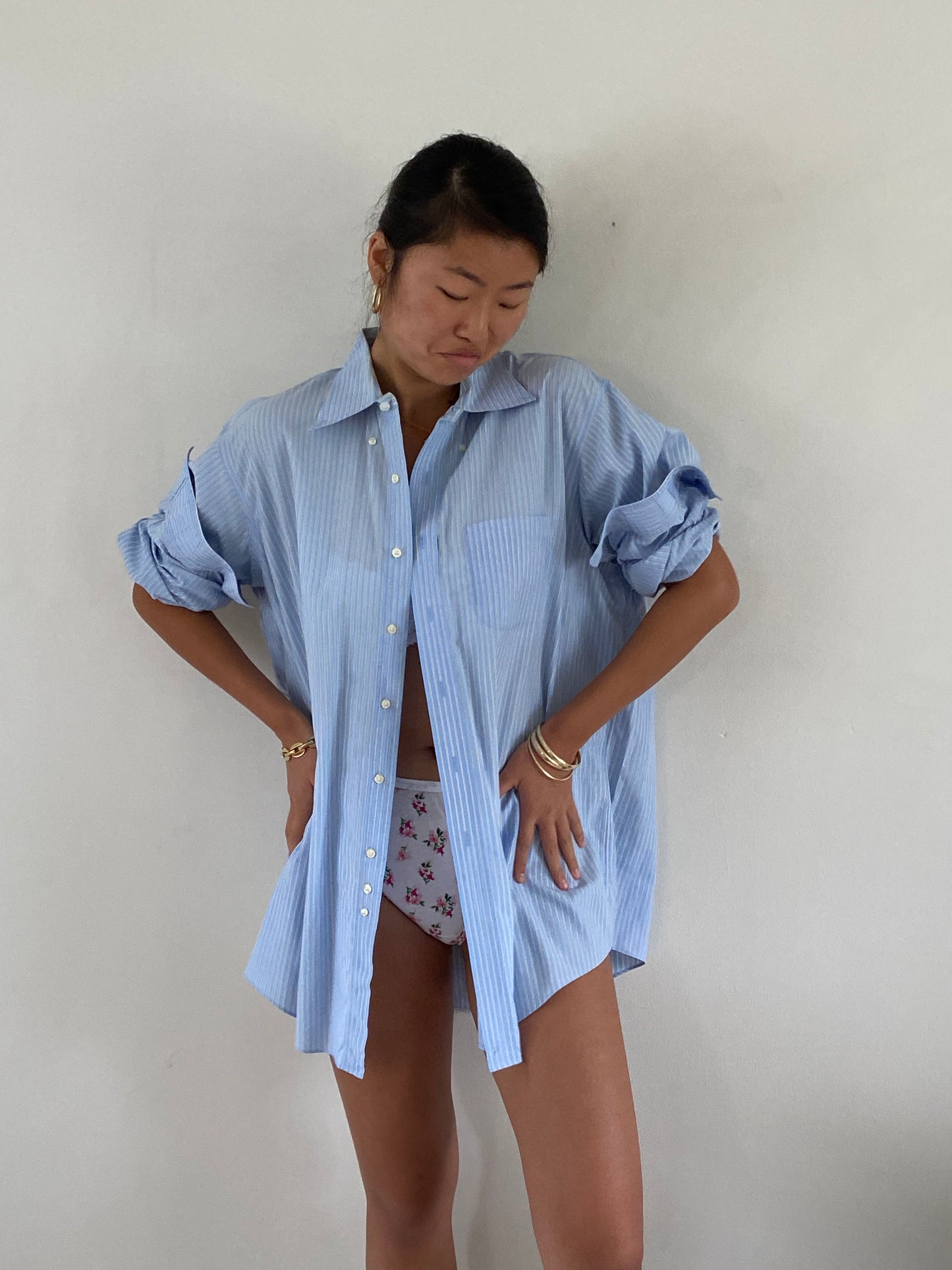 vintage baby blue boyfriend shirt | oversized cotton pinstripe Brooks Brothers mens button down shirt blouse | XL