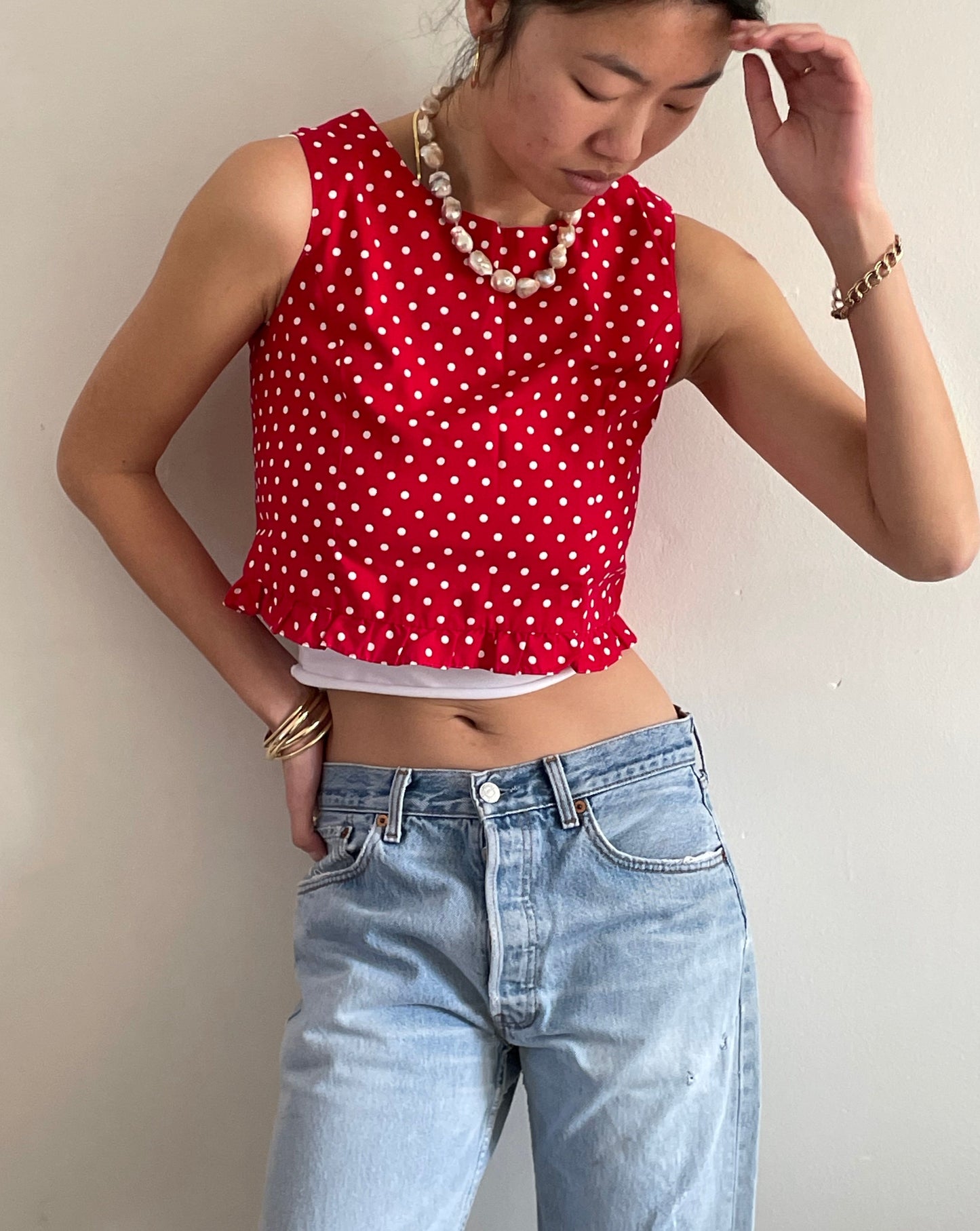 vintage 70s Lanz cotton polkadot cropped sleeveless blouse