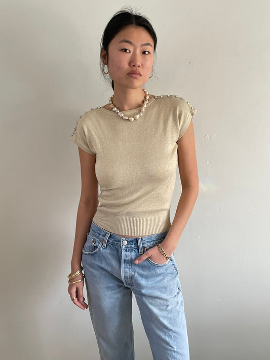 vintage gold knit cropped tee t-shirt shoulder button sweater Medium