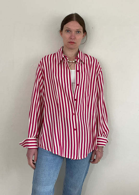 Vintage 90s 100% Silk Striped Hot Pink White Pinstriped French Cuff Blouse size XL