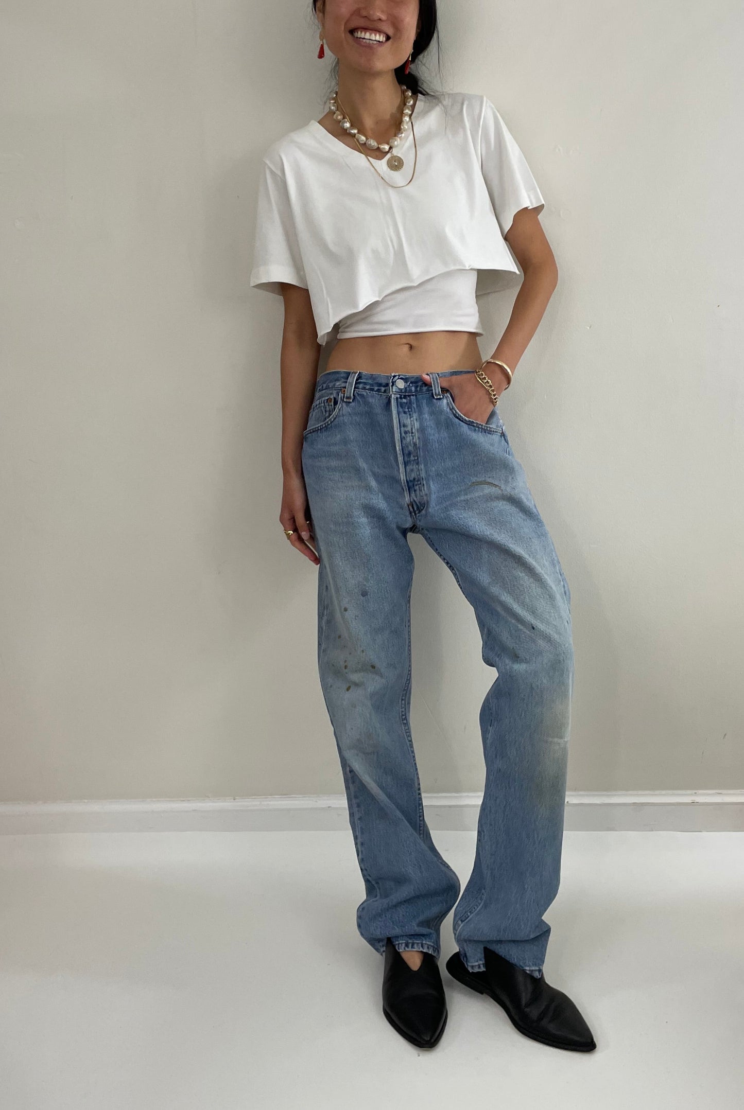 Vintage Levis 501 button fly soft faded tall boyfriend baggy jeans made in USA size 33 x 33