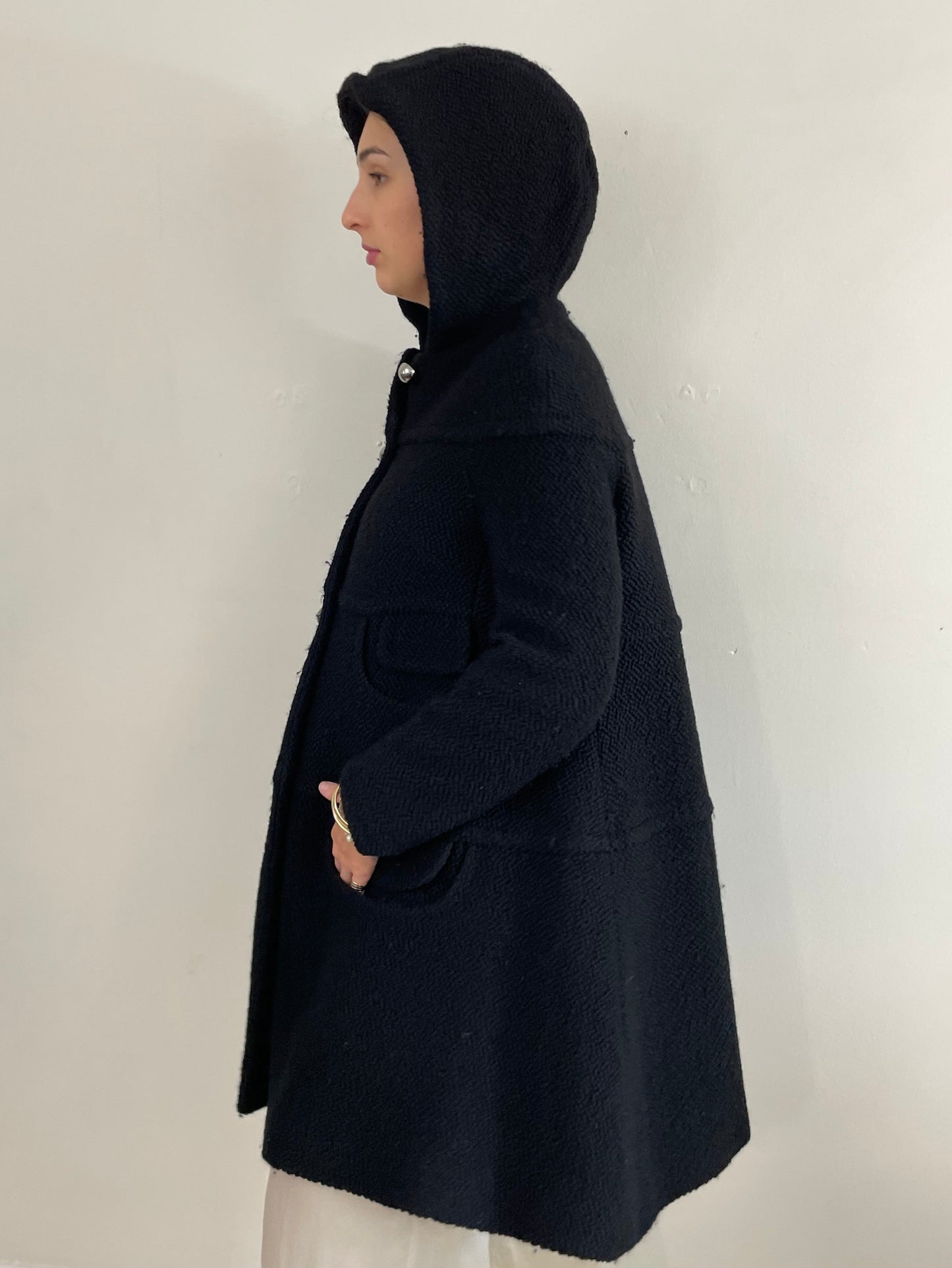 Vintage Black Boucle Wool Martin Grant Paris Hooded Swing Coat + Silver Buttons