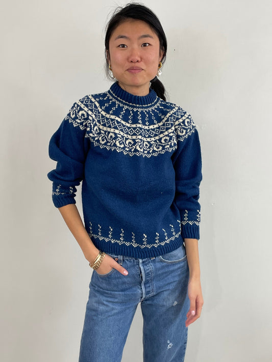 Vintage Hand Knit Swedish Fair Isle Wool Sweater Small