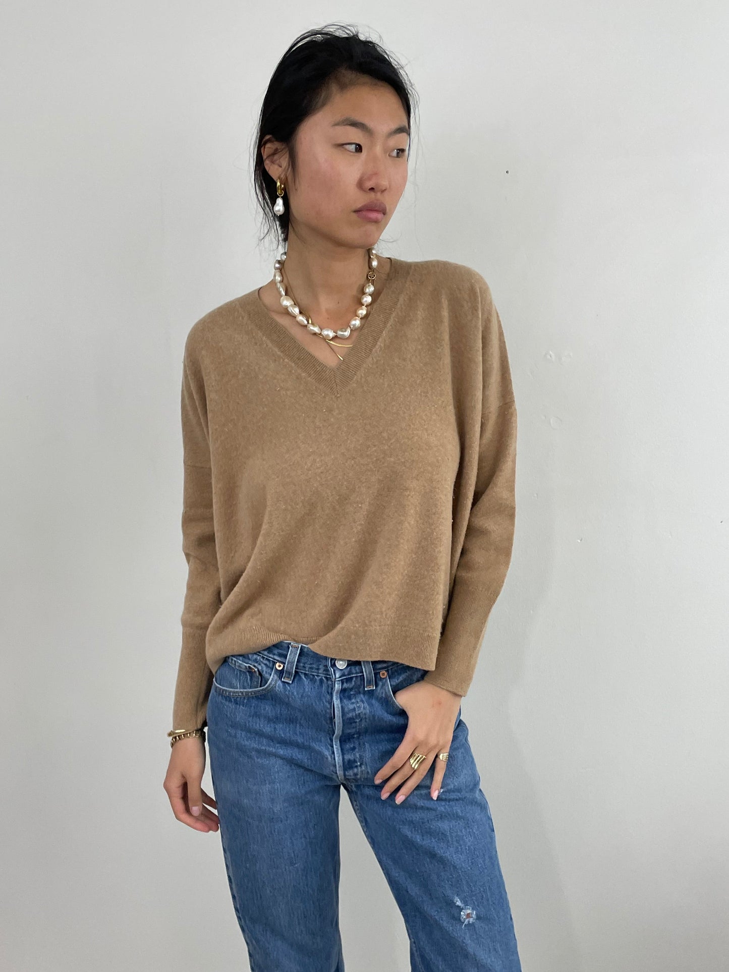 Y2K Cashmere Relaxed V Neck Camel Sweater Large