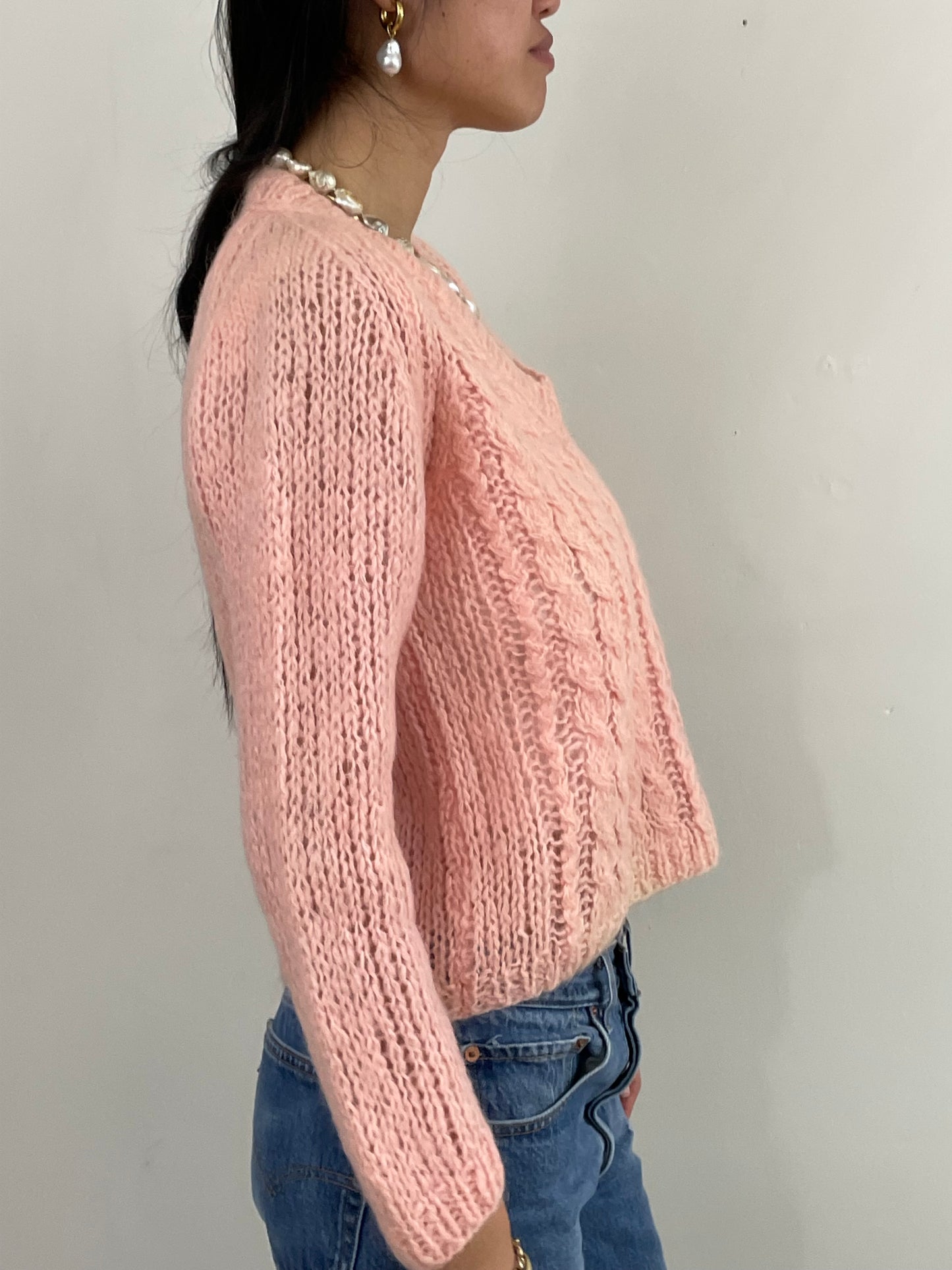 Vintage 60s Hand Knit Baby Pink Mohair Cropped Sweater M