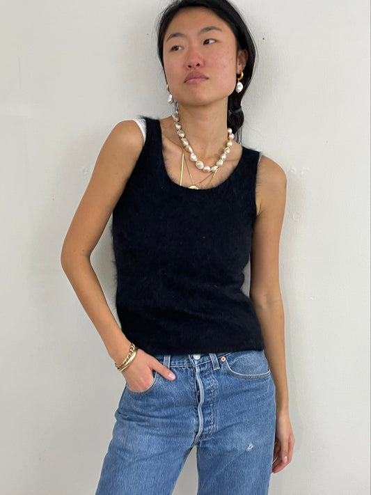 Vintage Angora Fuzzy Black Sleeveless Sweater Tank XS