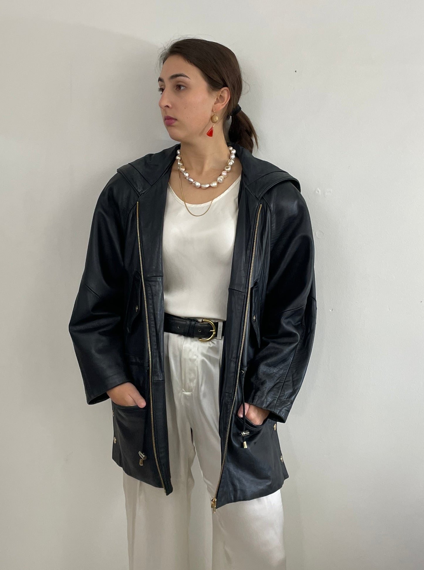 Vintage 90s Black Leather Jacket: Hooded Raglan Sleeve Zip Front Coat Medium