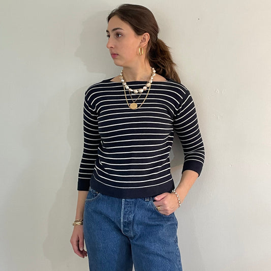 vintage 90s striped cotton sweater | navy blue Breton striped bateau boat neck sweater Medium