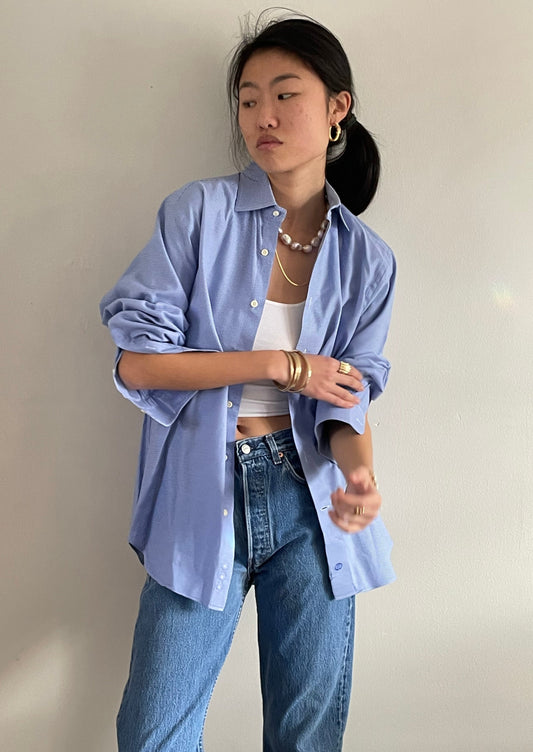 oversized cotton baby blue boyfriend shirt | luxe woven spread collar button down shirt | XL