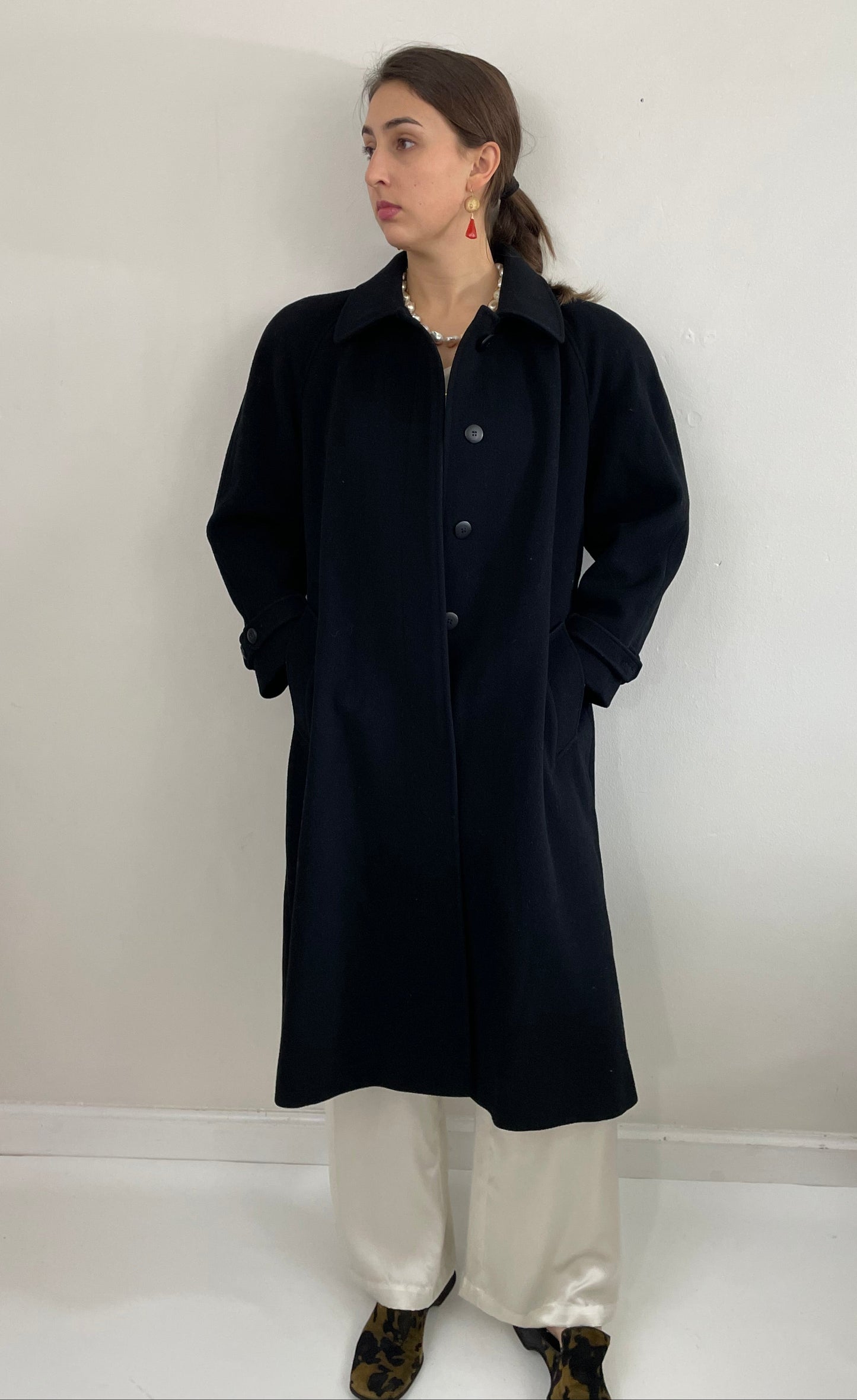 Vintage 90s Long Black Wool Overcoat Winter Coat