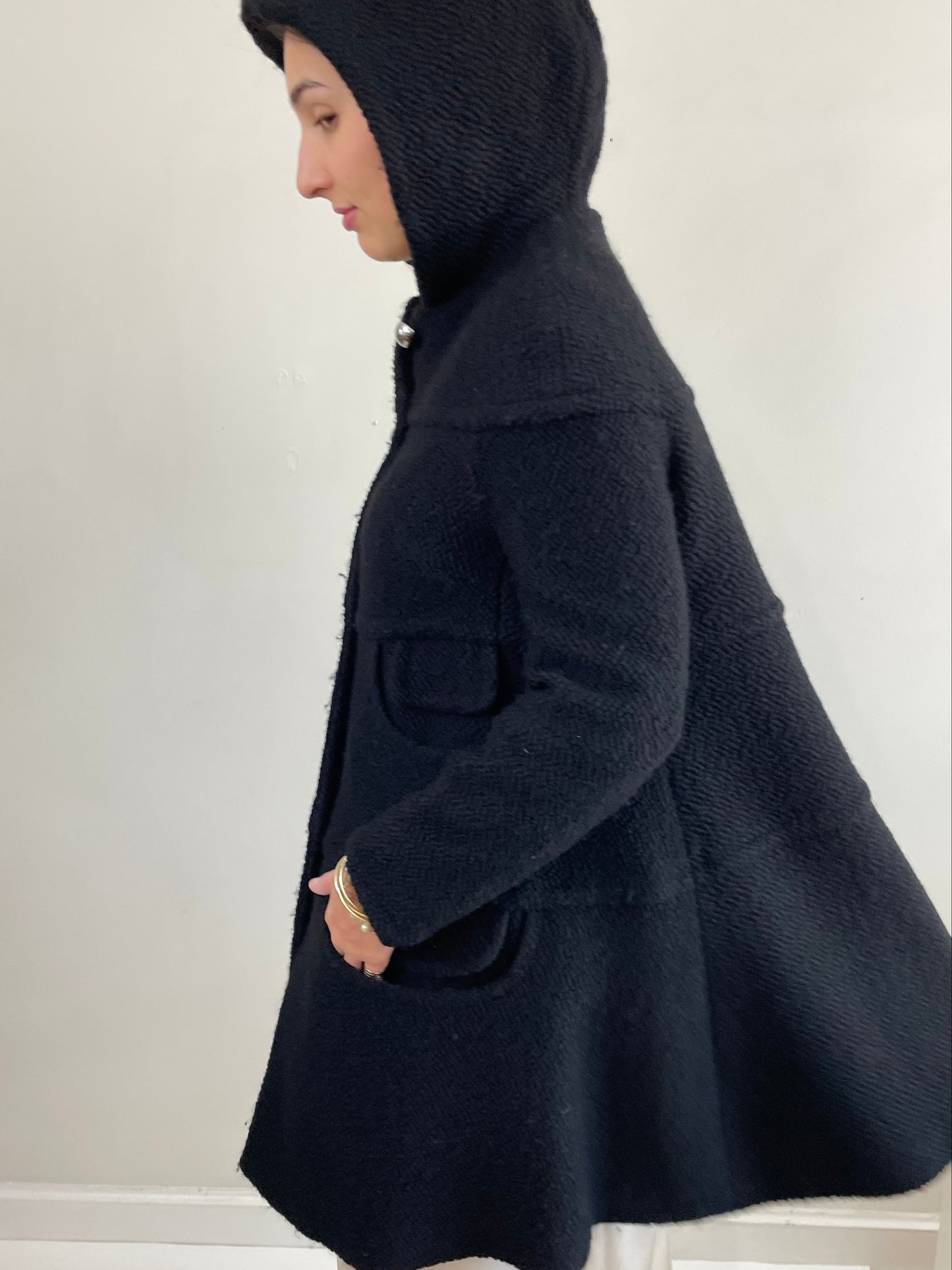 Vintage Black Boucle Wool Martin Grant Paris Hooded Swing Coat + Silver Buttons