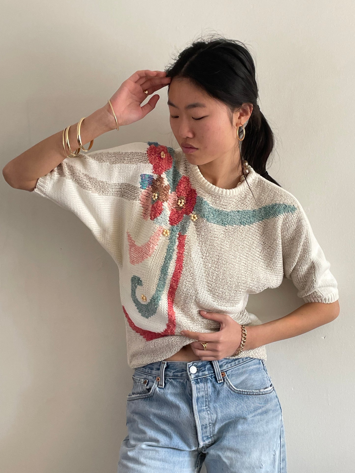 vintage white cotton intarsia floral batwing sweater