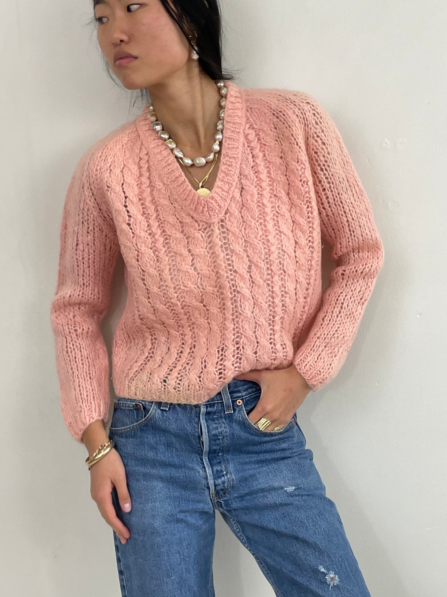 Vintage 60s Hand Knit Baby Pink Mohair Cropped Sweater M