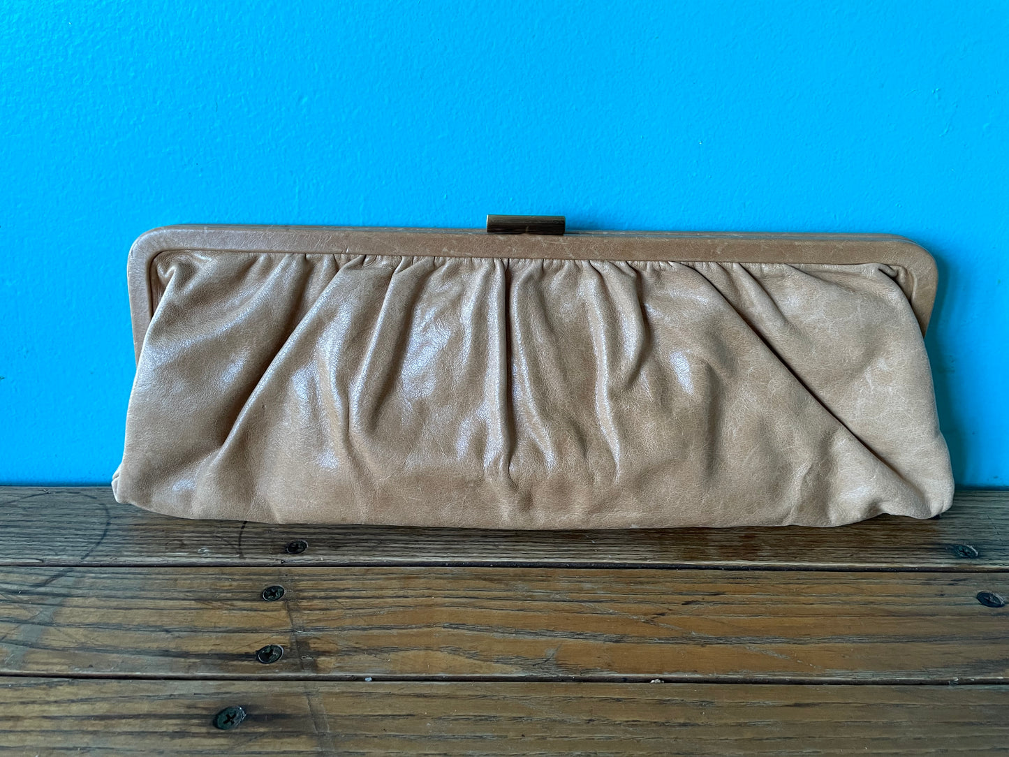 vintage leather baguette purse handbag | tan leather long smooth minimalist baguette with top handle