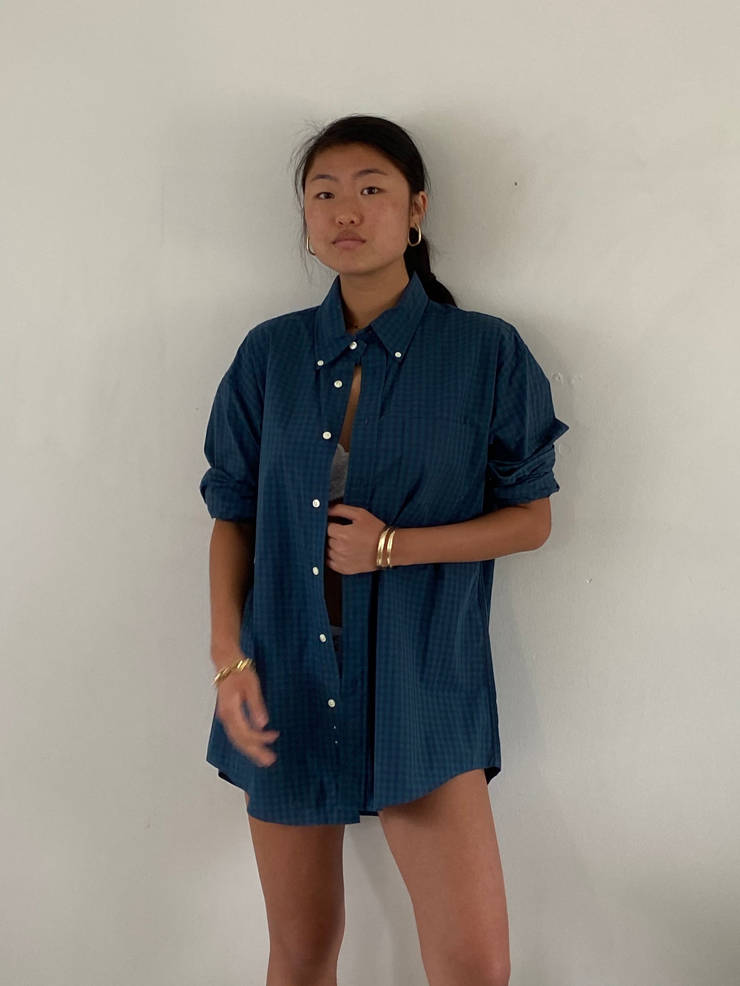 vintage 90s Brooks Brothers Navy Blue + Forest Green Gingham Oversized Button Down Boyfriend Shirt XL