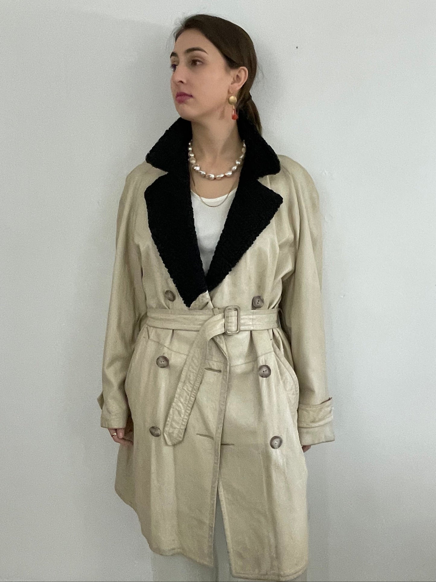 Vintage Leather Belted Trench Coat Persian Lamb Collar Menswear