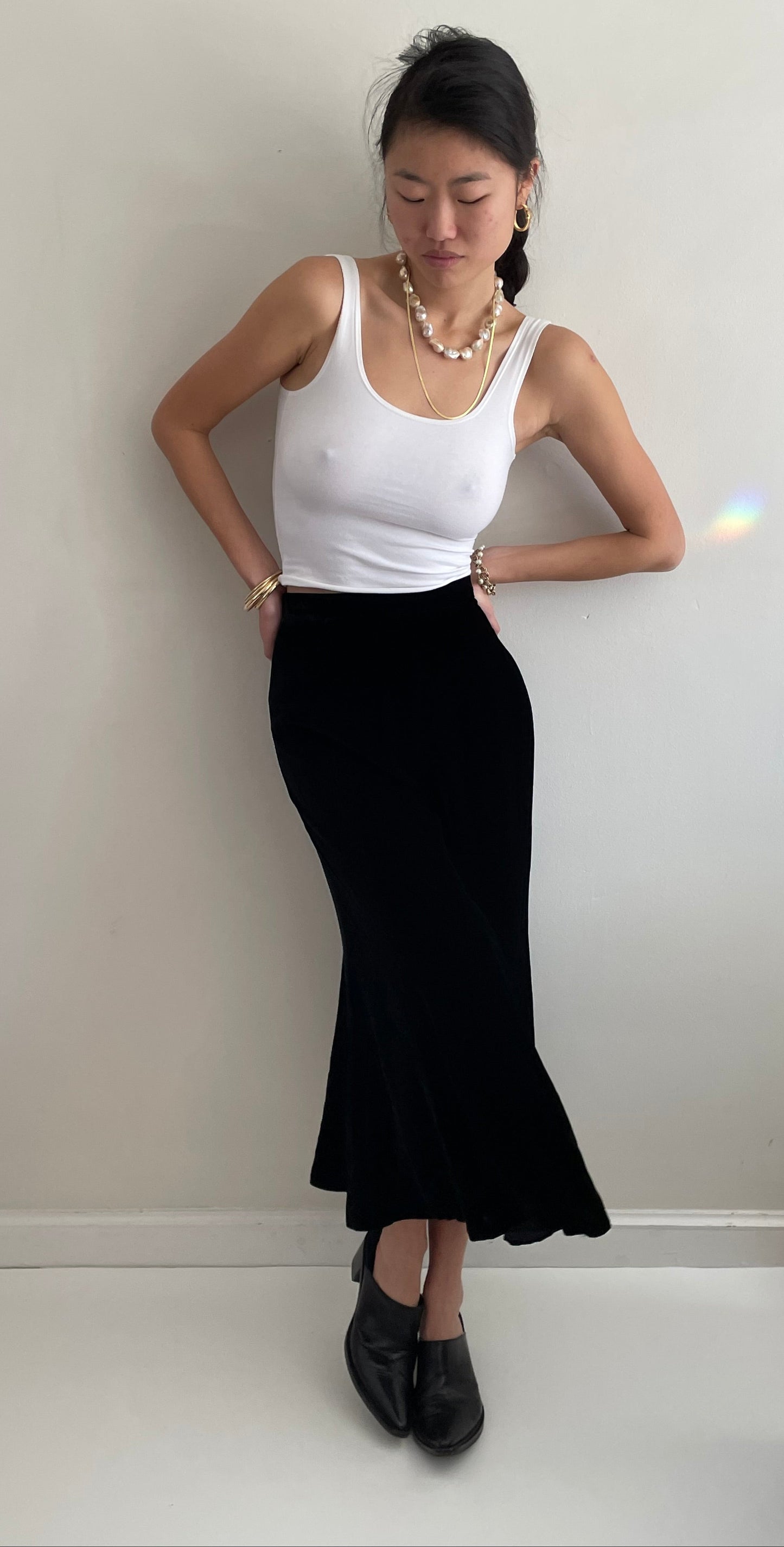 Vintage 90s Black Silk Velvet Tulip Maxi Skirt | 25 waist