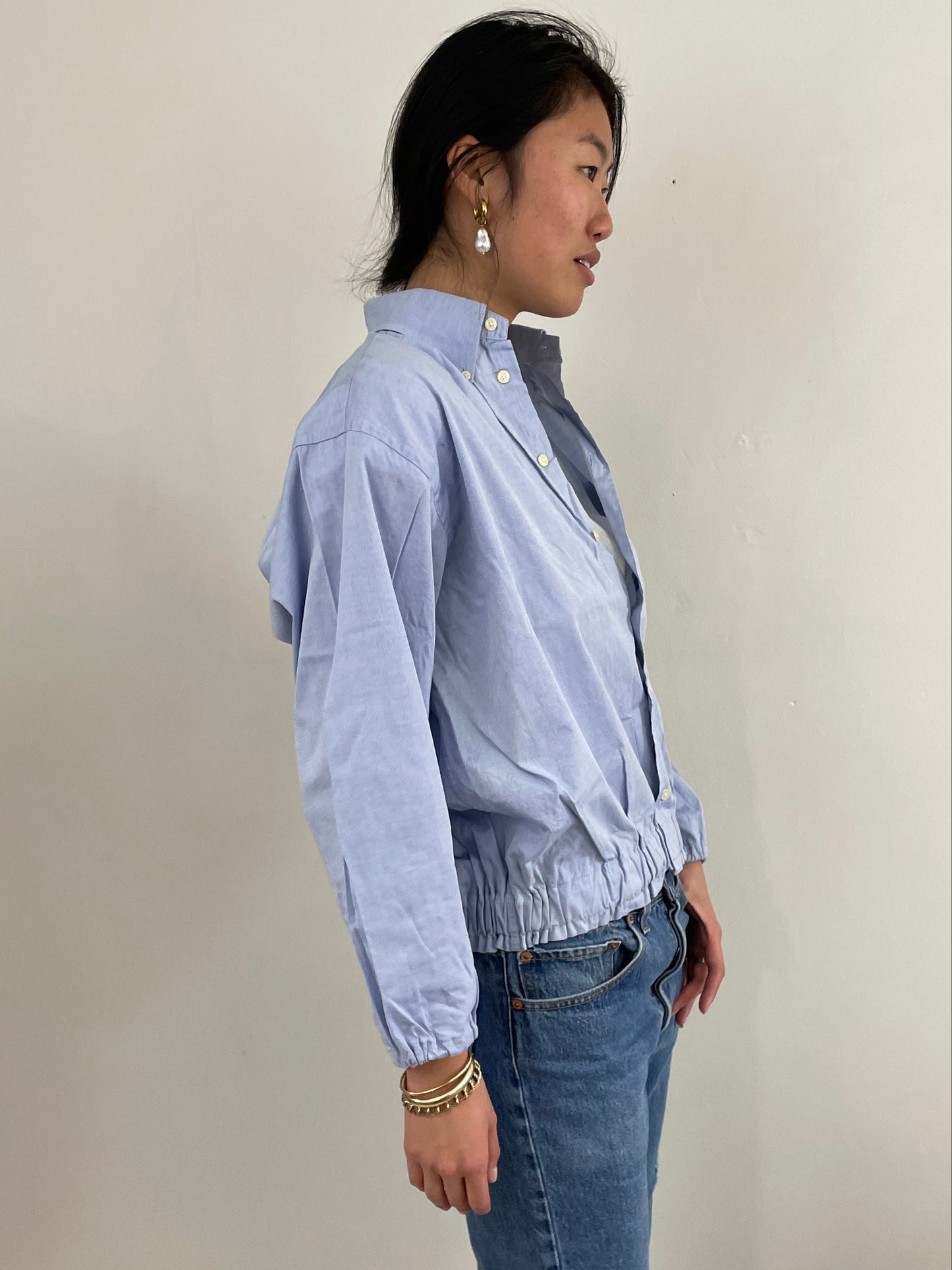 vintage 90s Ice Blue Cropped Blouson Cotton Shirt Blouse