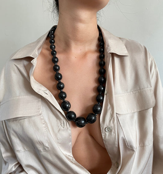 Vintage Monies by Gerda Lynggaard polished horn bead 30" modernist Scandinavian style statement necklace + horn hook clasp jewelry