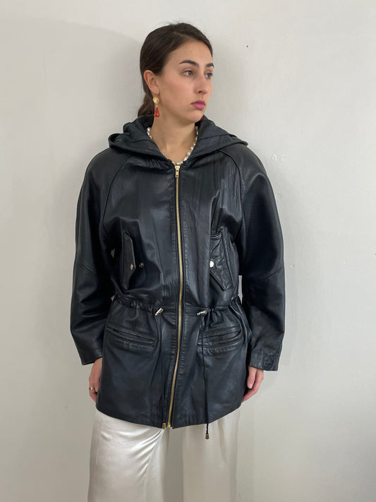 Vintage 90s Black Leather Jacket: Hooded Raglan Sleeve Zip Front Coat Medium