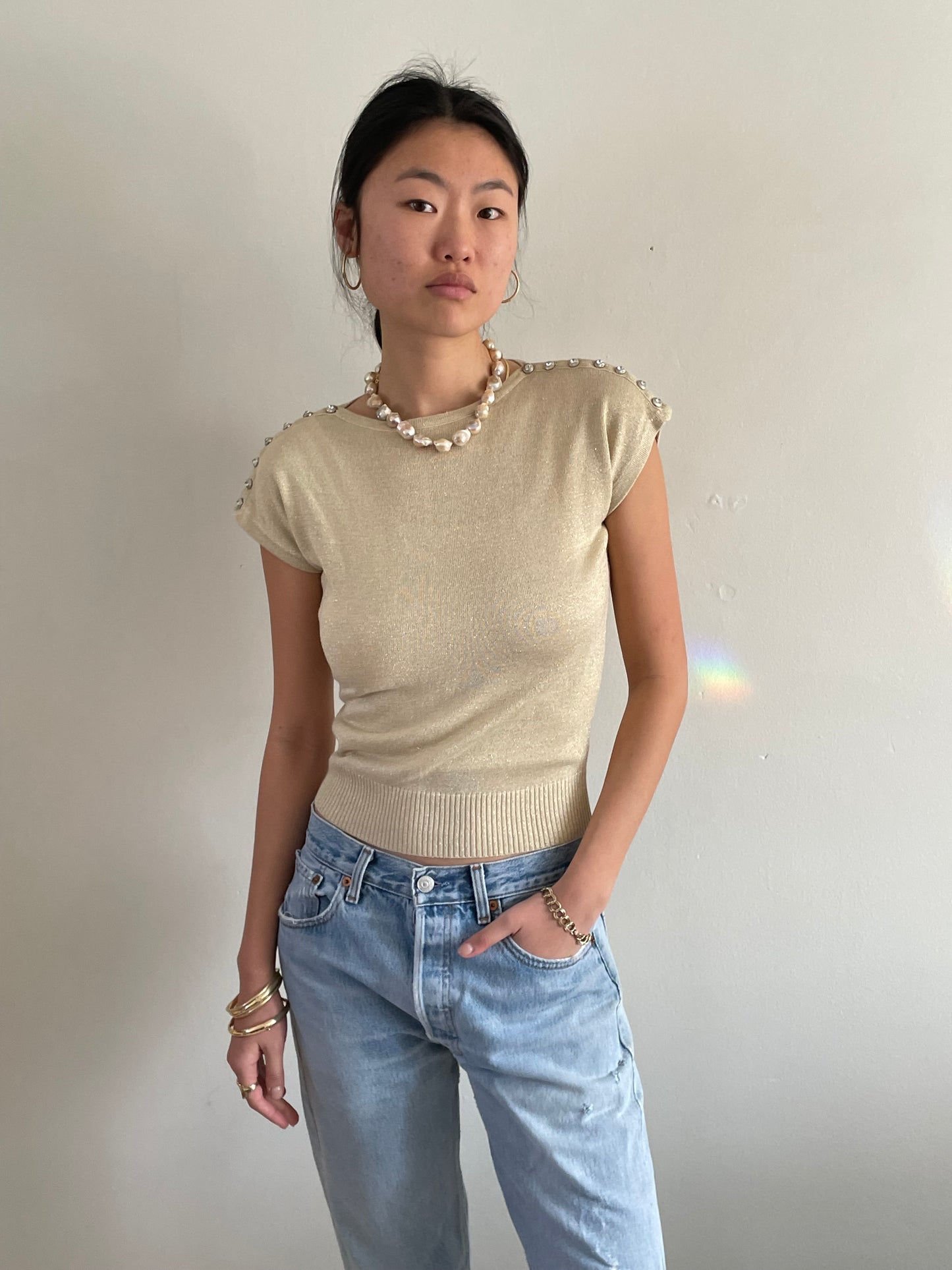 vintage gold knit cropped tee t-shirt shoulder button sweater Medium