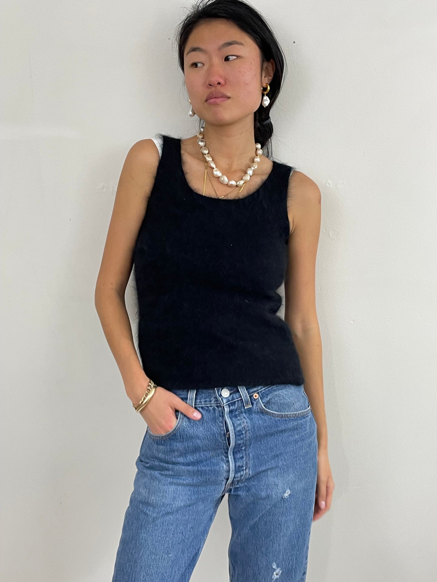 Vintage Angora Fuzzy Black Sleeveless Sweater Tank XS