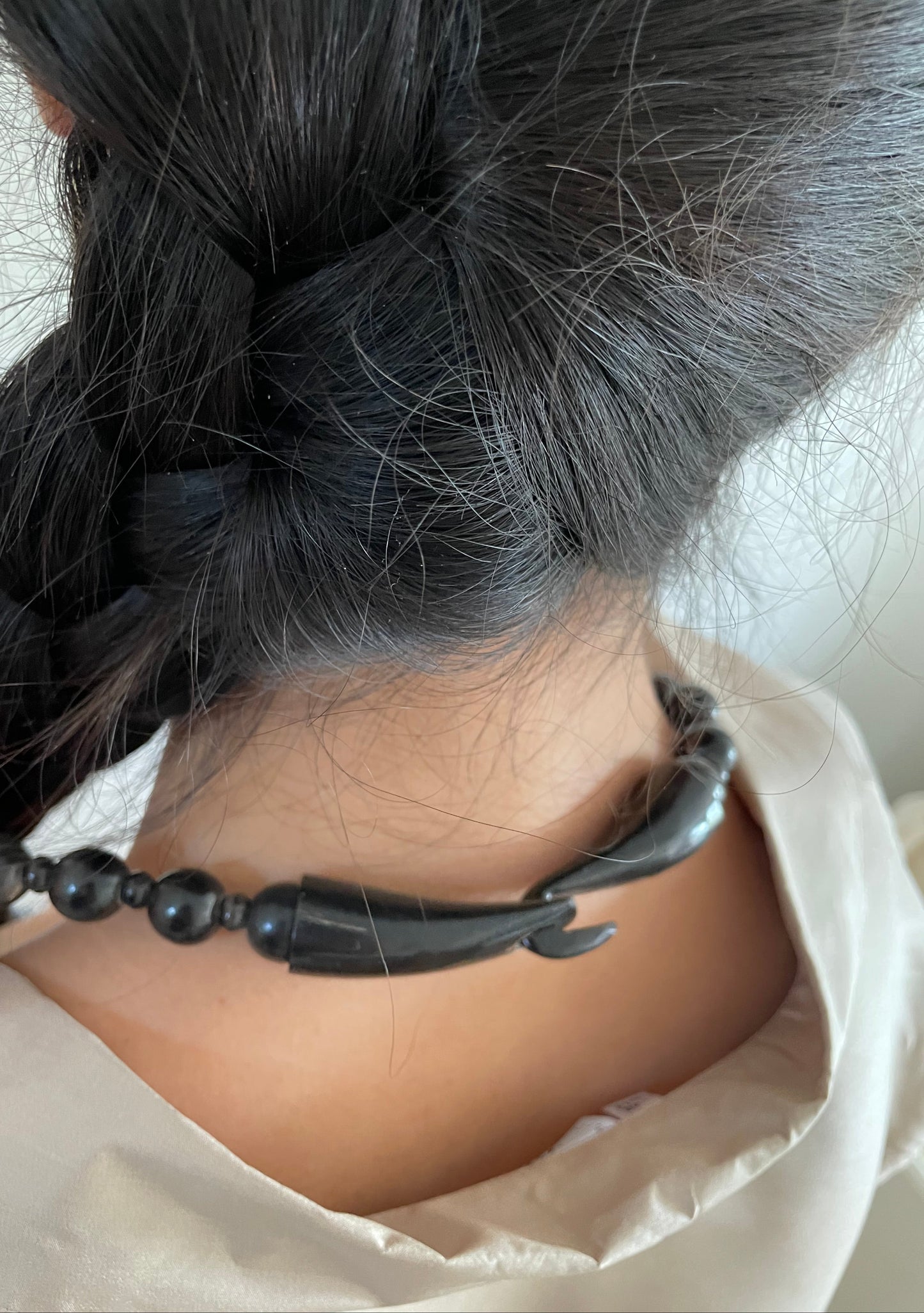 Vintage Monies by Gerda Lynggaard polished horn bead 30" modernist Scandinavian style statement necklace + horn hook clasp jewelry
