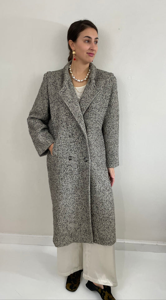 Vintage 90s Long Herringbone Tweed Double Breasted Overcoat Winter