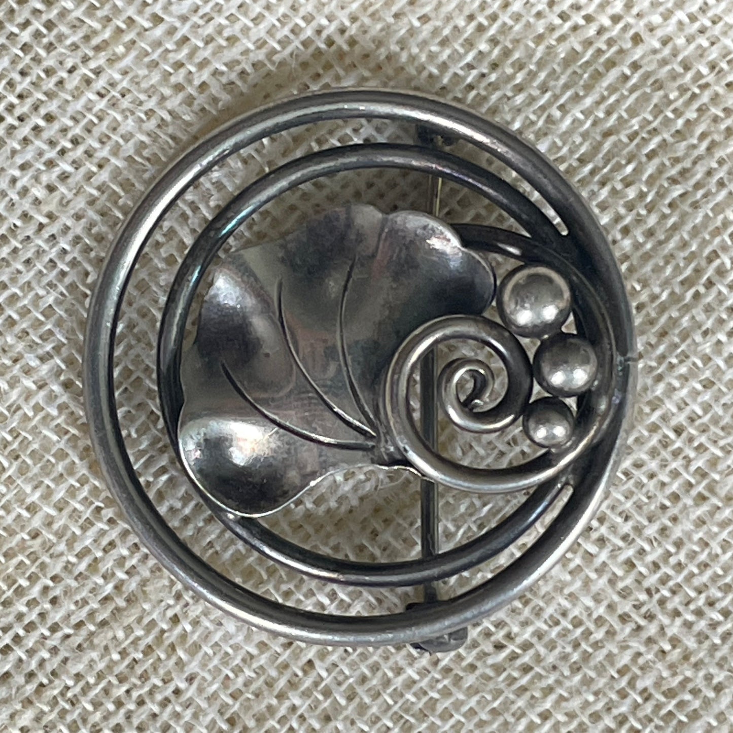 Vintage 40s Georg Jensen Hand Wrought Pin USA Sterling Silver Leaves Vine Berries Signed Nordic Brooch