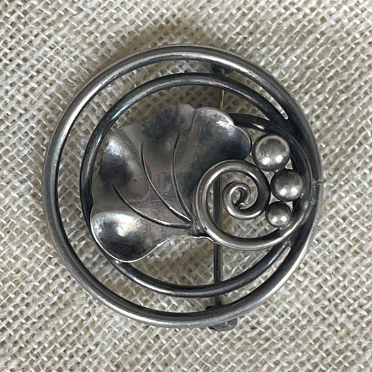 Vintage 40s Georg Jensen Hand Wrought Pin USA Sterling Silver Leaves Vine Berries Signed Nordic Brooch