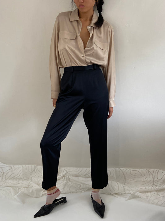 Vintage Black Silk Pants - Duchess Silk High Waisted Flat Front Cigarette Trousers Pants 28 Waist