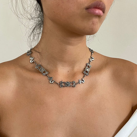 Vintage 90s Taxco Sterling Silver Bird + Flower Link Necklace: Handcrafted Mexico 18 inches