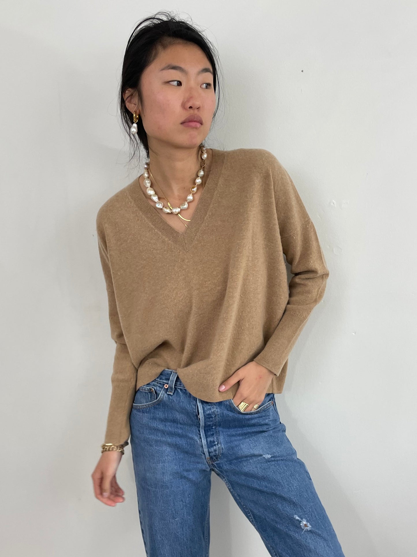 Y2K Cashmere Relaxed V Neck Camel Sweater Large